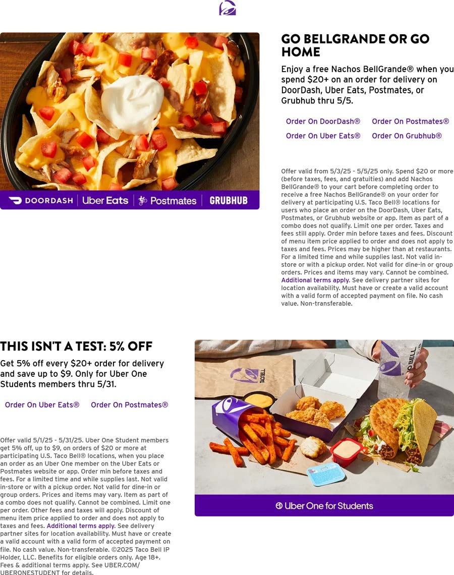 Taco Bell restaurants Coupon  Free Nachos BellGrande on $20+ delivery today at Taco Bell #tacobell 