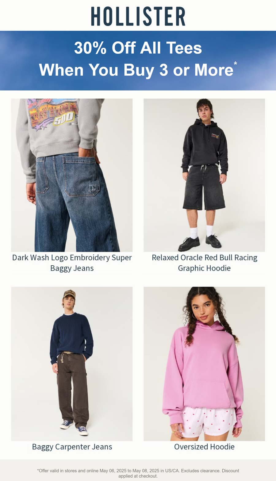 Hollister stores Coupon  30% off all tees on 3+ online at Hollister #hollister 