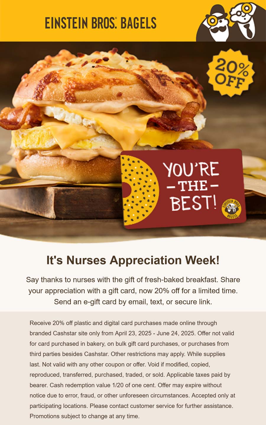 Einstein Bros Bagels restaurants Coupon  20% off gift cards online at Einstein Bros Bagels #einsteinbrosbagels 