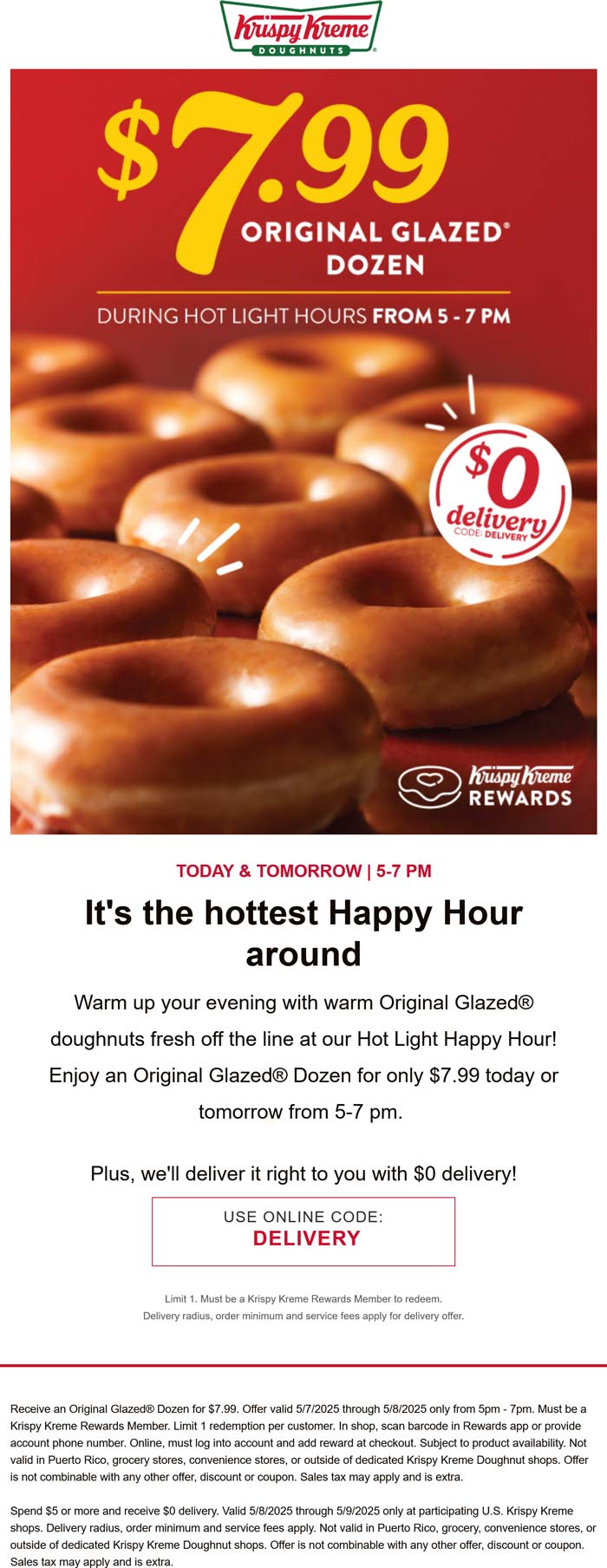 Krispy Kreme restaurants Coupon  $8 glazed dozen 5-7p at Krispy Kreme doughnuts plus free delivery via promo code DELIVERY #krispykreme 