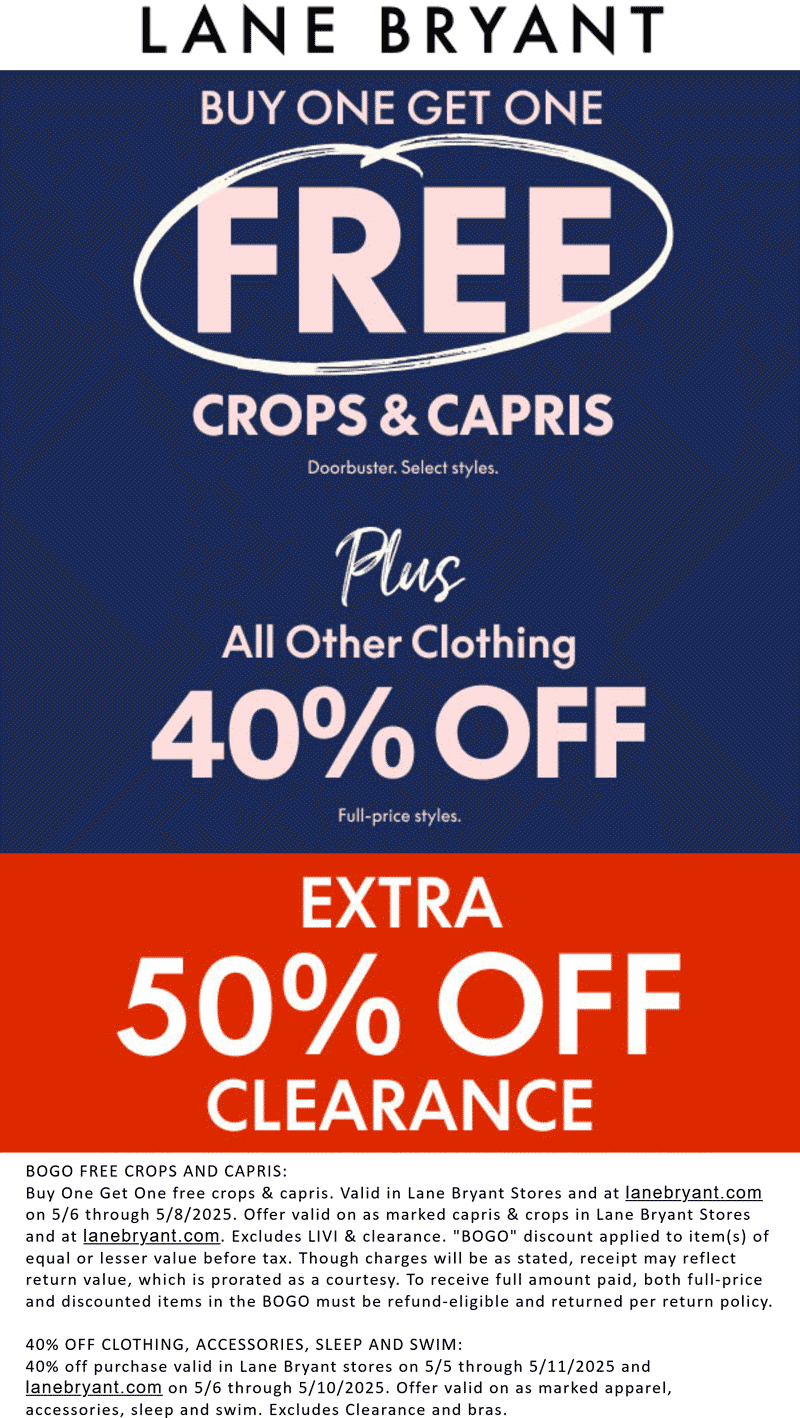 Lane Bryant stores Coupon  Second crop & capri free + 40% off everything else today at Lane Bryant #lanebryant 