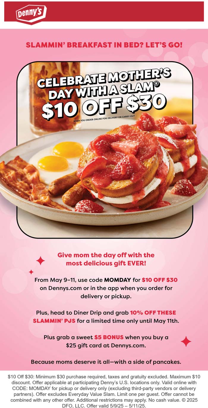 Dennys restaurants Coupon  $10 off $30 at Dennys restaurants via promo code MOMDAY #dennys 