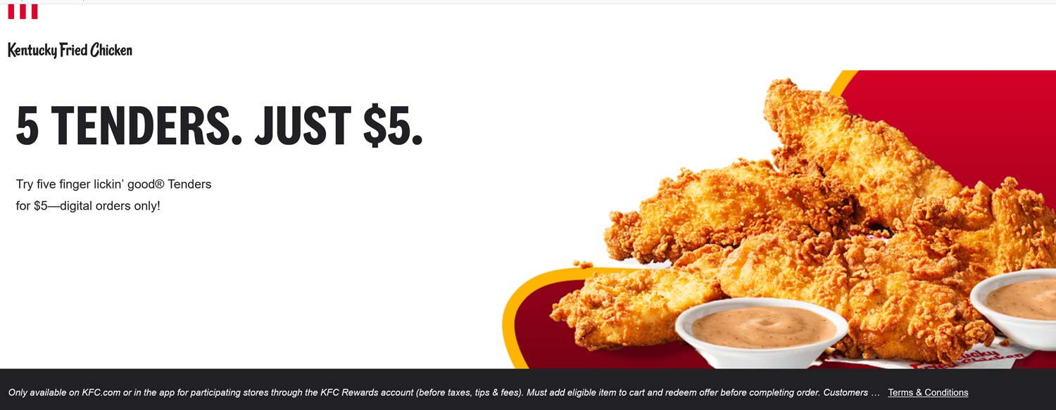 KFC restaurants Coupon  5 chicken tenders = $5 at KFC #kfc 