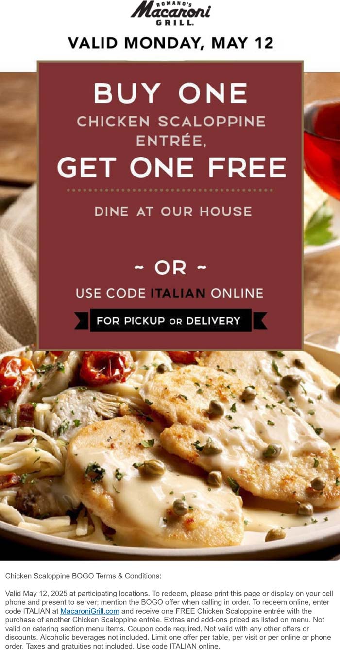 Macaroni Grill restaurants Coupon  Second chicken saloppine free today at Macaroni Grill #macaronigrill 