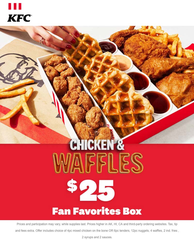 KFC restaurants Coupon  Chicken & waffles box = $25 at KFC #kfc 