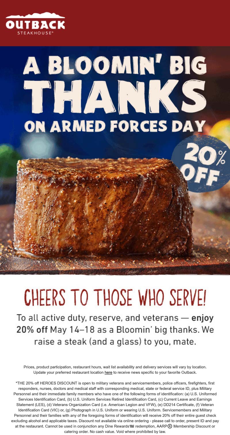 Outback Steakhouse restaurants Coupon  Active reserve and veterans enjoy 20% off at Outback Steakhouse #outbacksteakhouse 