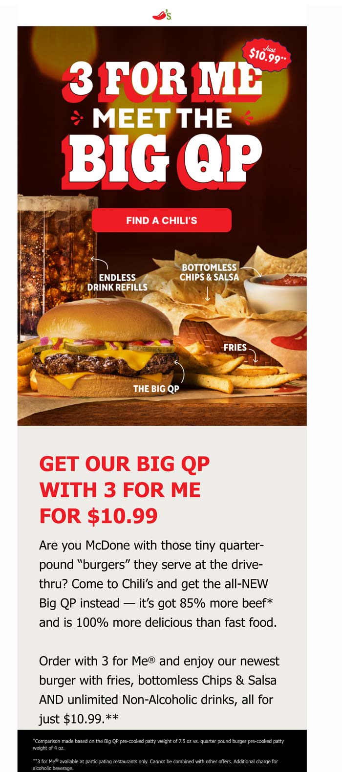 Chilis restaurants Coupon  Bigger cheeseburger + fries + bottomless chips salsa + drink = $11 at Chilis #chilis 