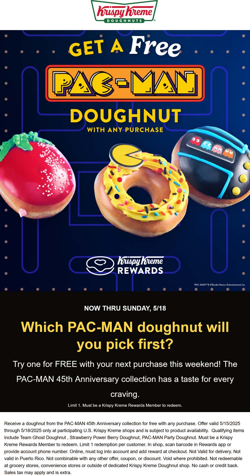 Krispy Kreme restaurants Coupon  Free pac man doughnut with any order at Krispy Kreme #krispykreme 