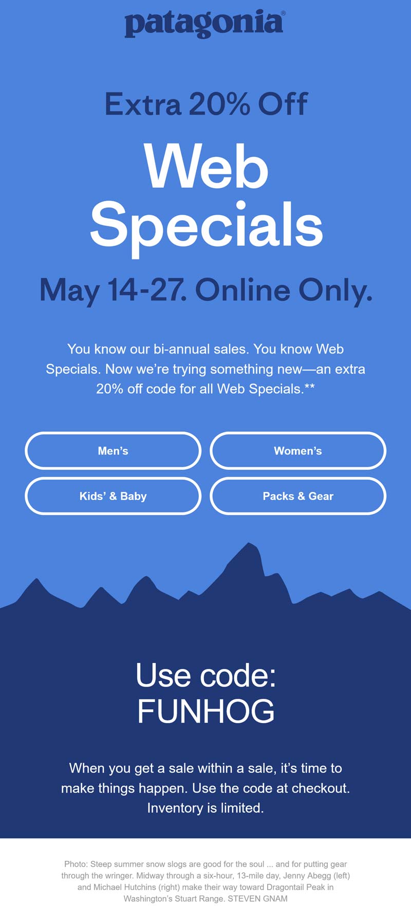 Patagonia stores Coupon  Extra 20% off web specials at Patagonia via promo code FUNHOG #patagonia 