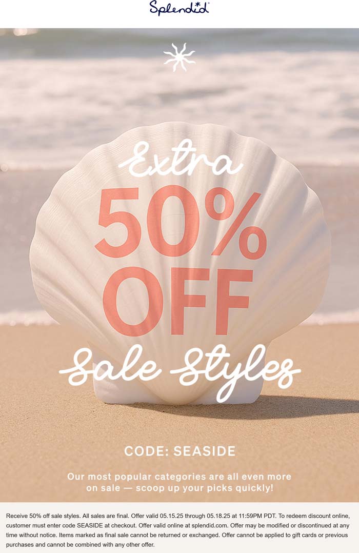 Splendid stores Coupon  Extra 50% off sale styles at Splendid via promo code SEASIDE #splendid 