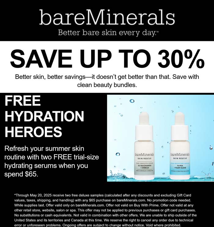 bareMinerals stores Coupon  2 free serums on $65 & more at bareMinerals #bareminerals 