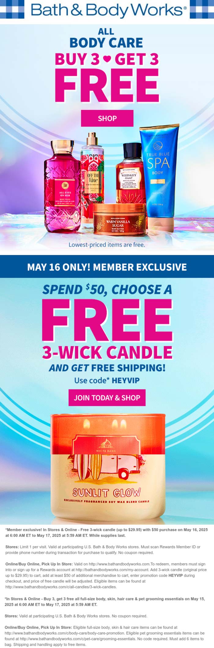 Bath & Body Works stores Coupon  6-for-3 on all body care & more today at Bath & Body Works, ditto online #bathbodyworks 