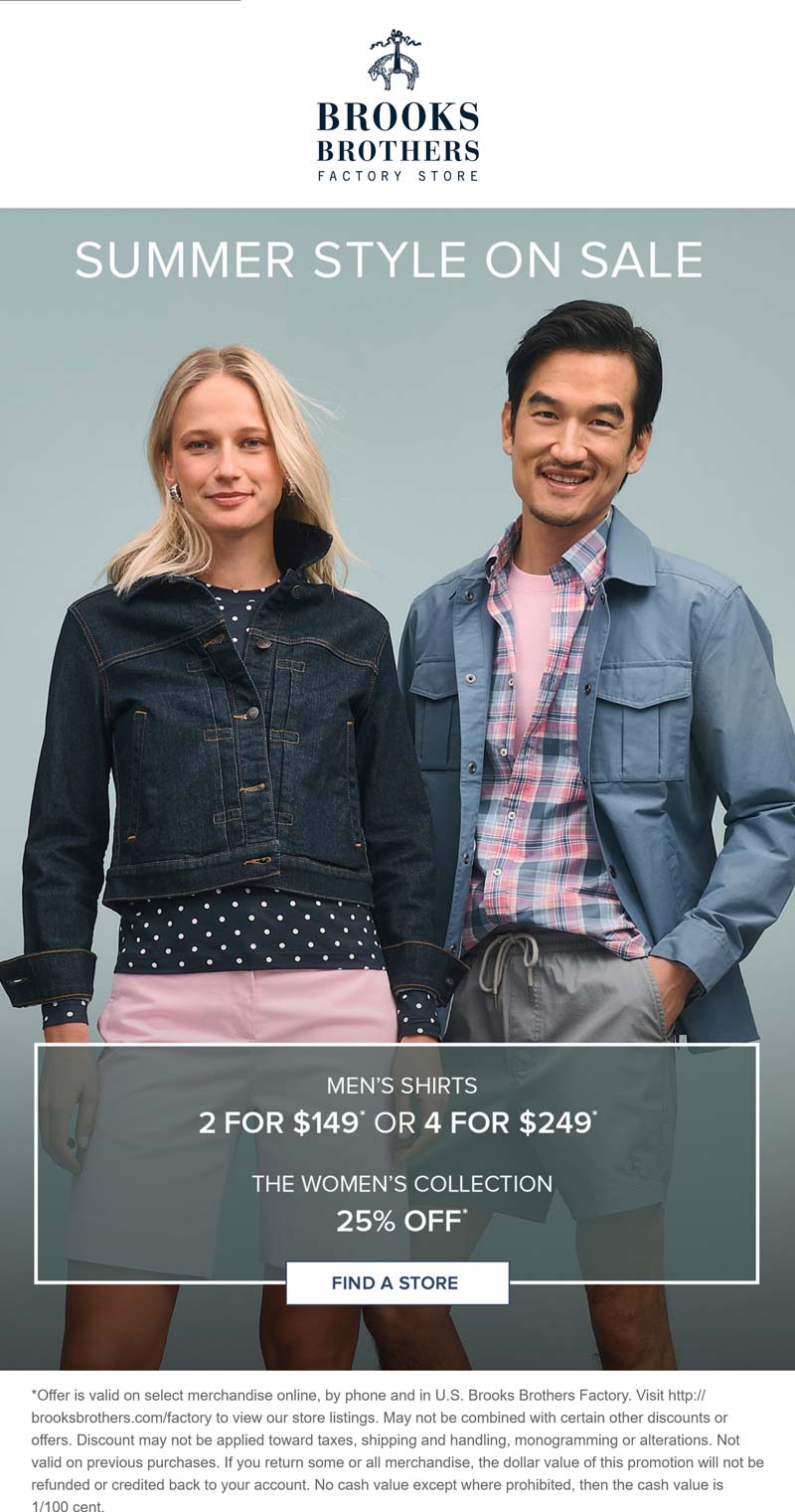 Brooks Brothers Factory stores Coupon  25% off womens & mens shirts 2 for $149 at Brooks Brothers Factory #brooksbrothersfactory 