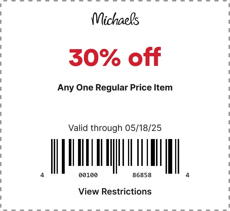 Michaels stores Coupon  30% off a single item at Michaels, or online via promo code SPRING30 #michaels 