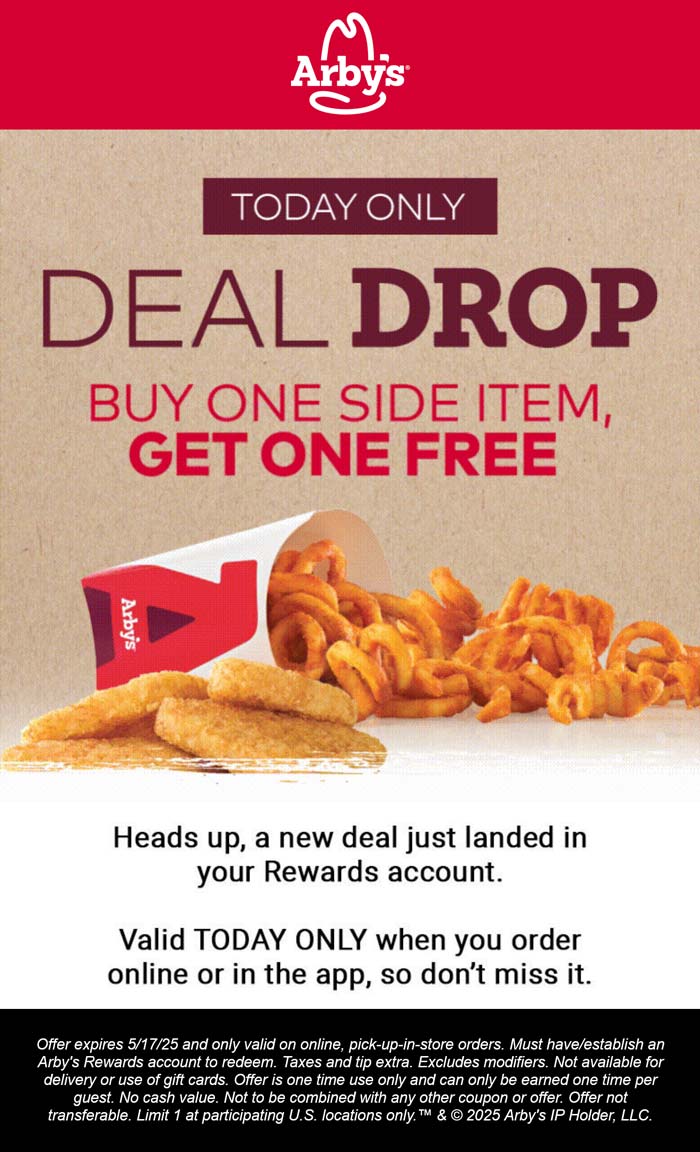 Arbys restaurants Coupon  Second side item free today at Arbys restaurants #arbys 