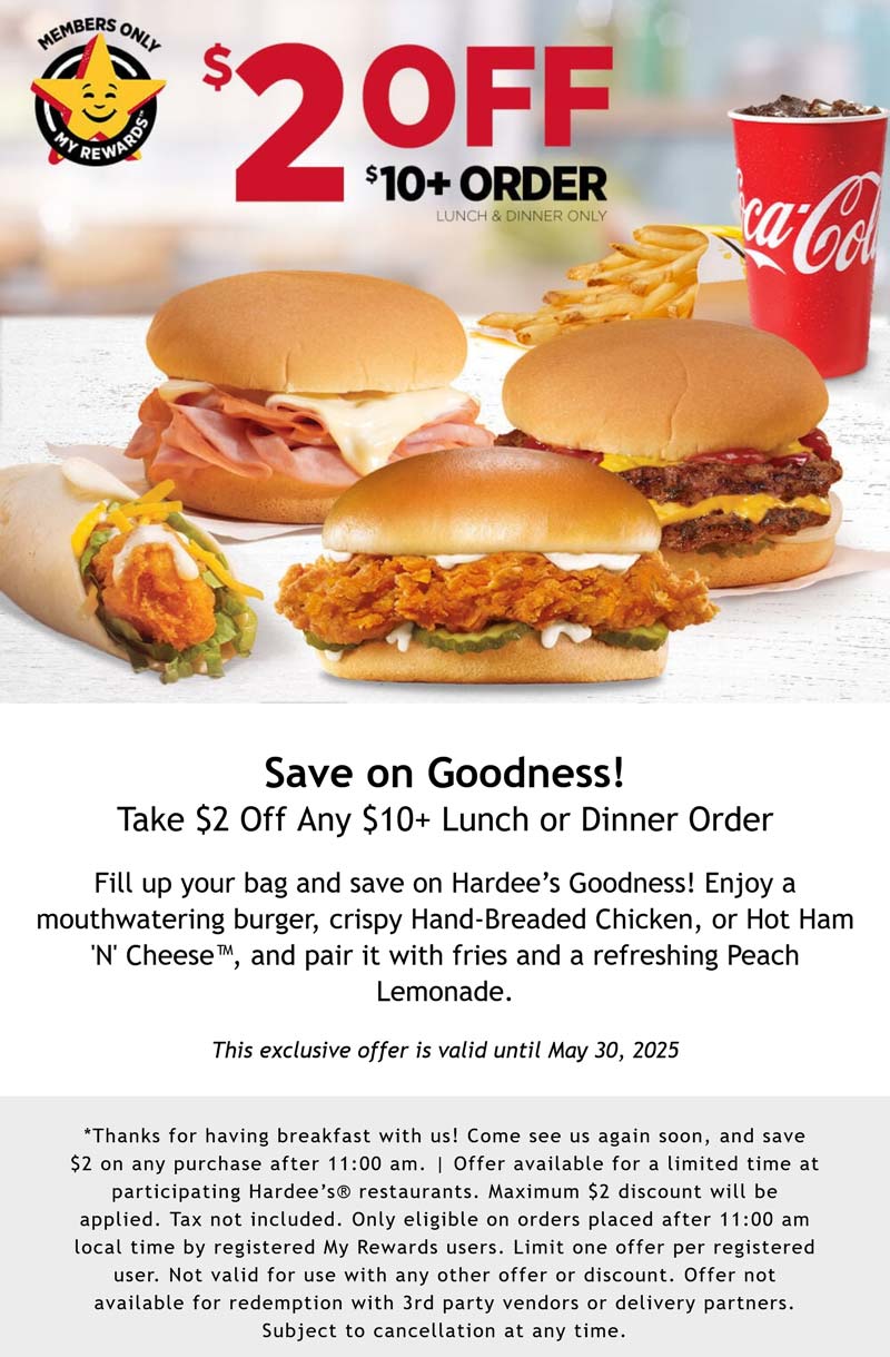 Hardees restaurants Coupon  $2 off $10 via login at Hardees restaurants #hardees 