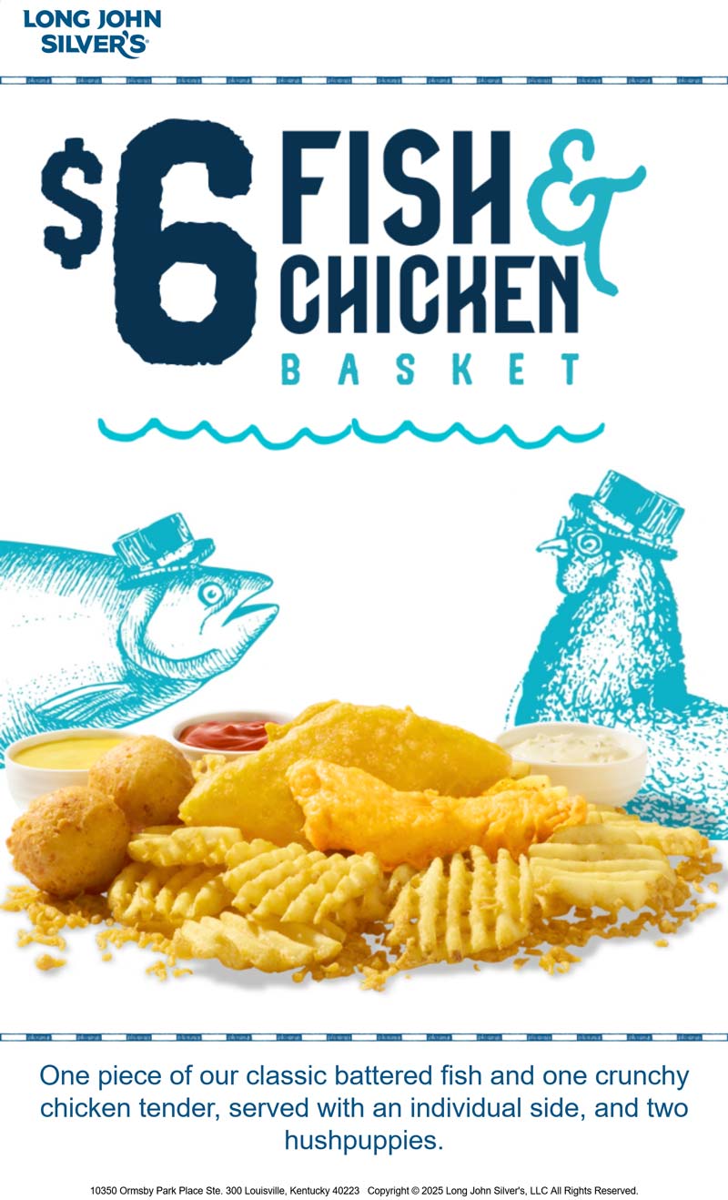 Long John Silvers restaurants Coupon  $6 fish & chicken basket at Long John Silvers #longjohnsilvers 