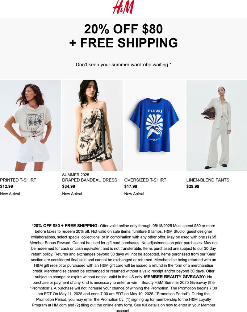 H&M stores Coupon  20% off $80 today at H&M #hm 
