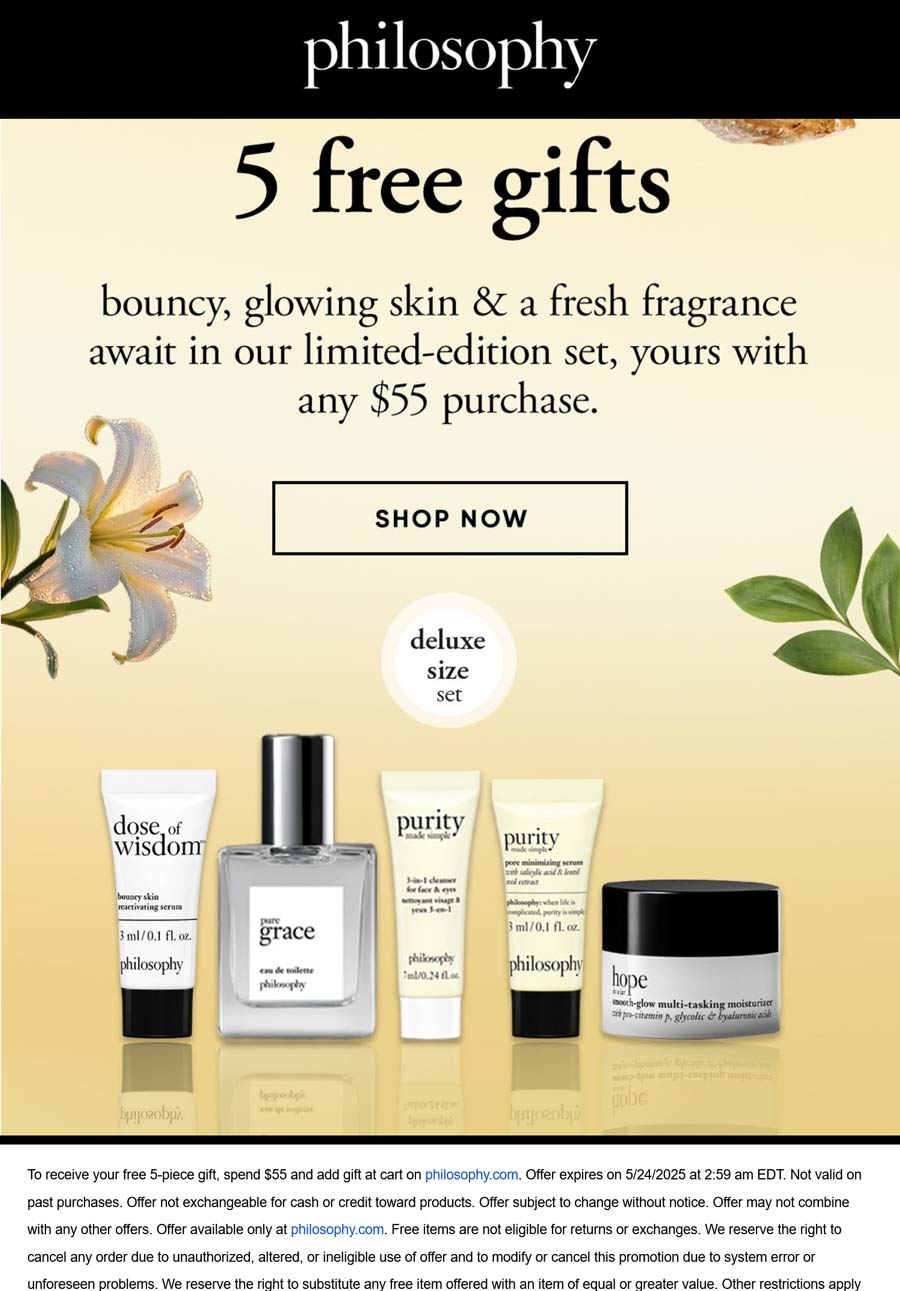 Philosophy stores Coupon  Free 5pc set on $55+ online at Philosophy #philosophy 