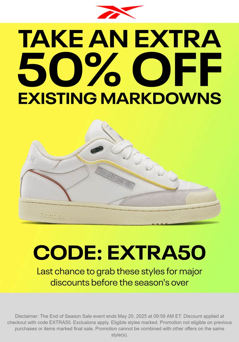 Reebok stores Coupon  Extra 50% off sale items today at Reebok #reebok 
