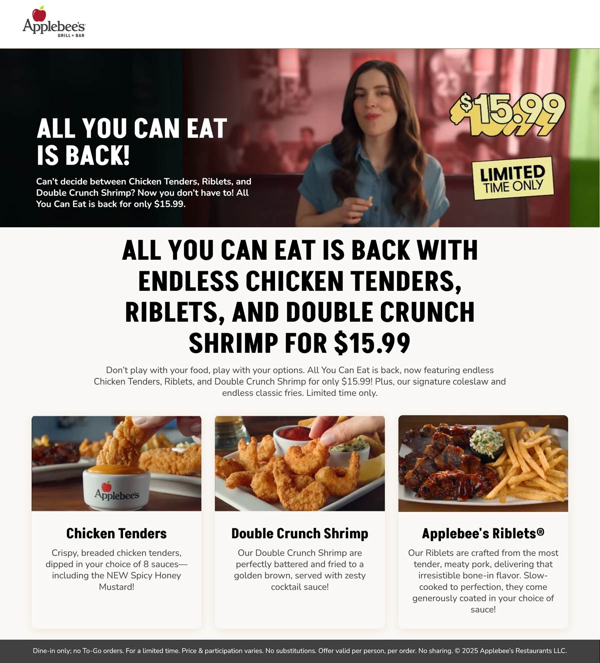 Applebees restaurants Coupon  Bottomless chicken tenders, riblets & shrimp = $16 at Applebees #applebees 