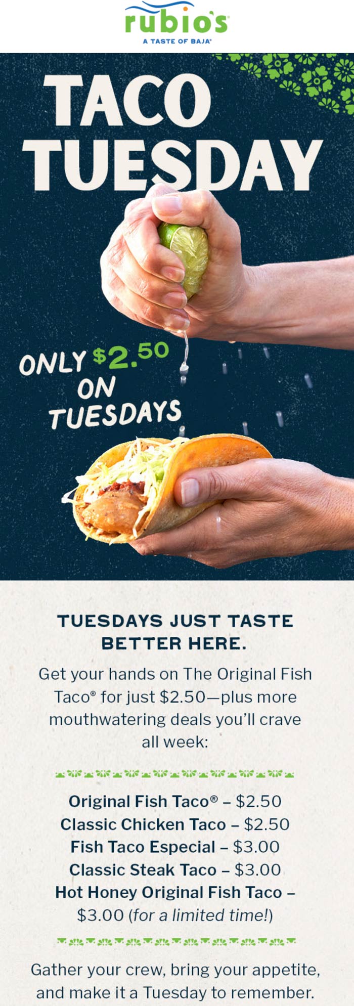 Rubios stores Coupon  $2.50 fish tacos today at Rubios #rubios 