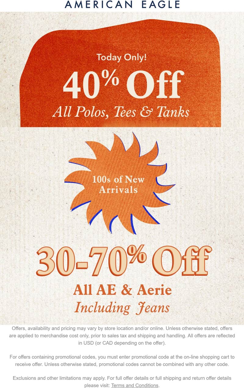 American Eagle stores Coupon  30-70% off all AE & Aerie at American Eagle #americaneagle 