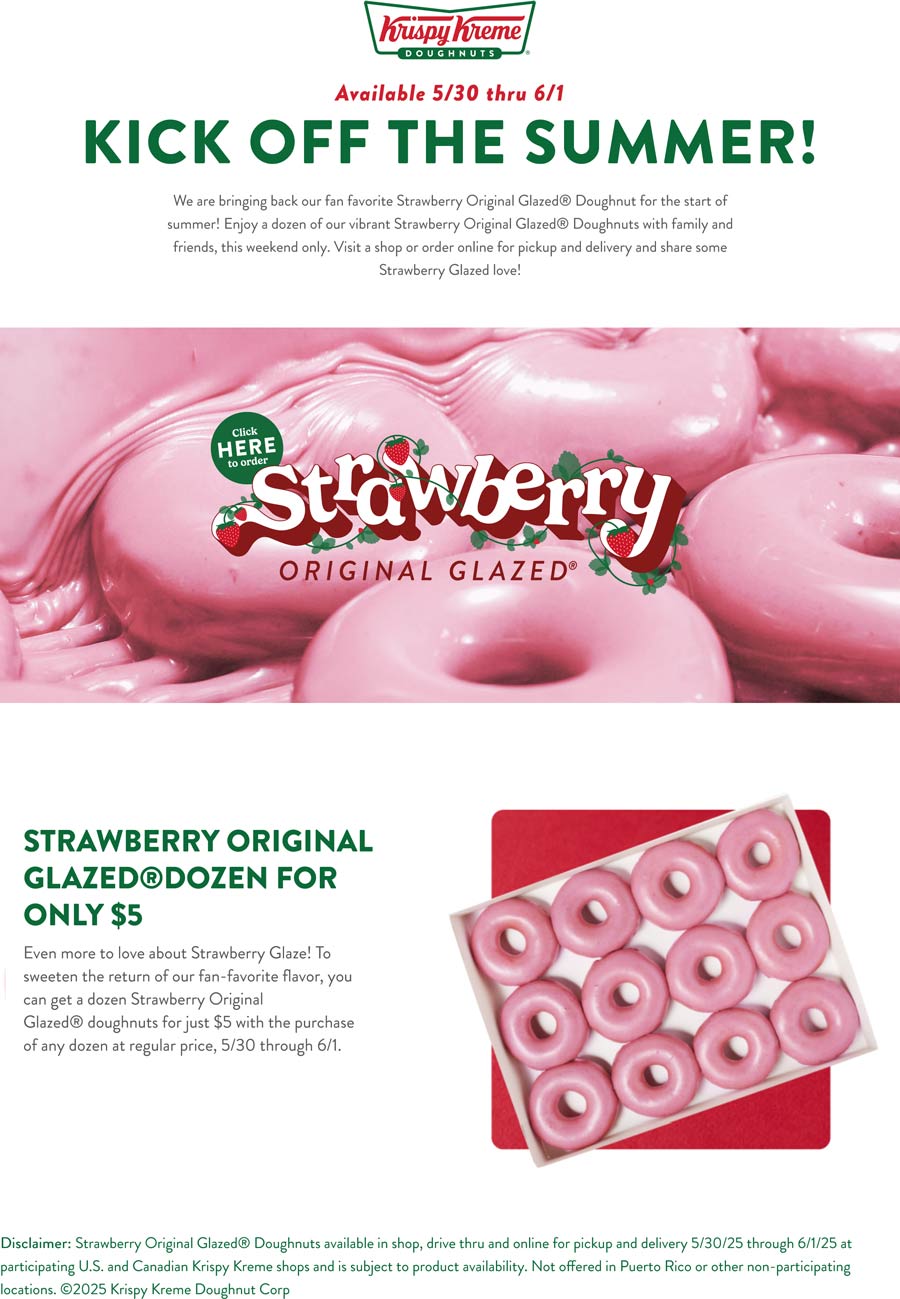 Krispy Kreme restaurants Coupon  Second dozen strawberry glazed for $5 at Krispy Kreme doughnuts #krispykreme 