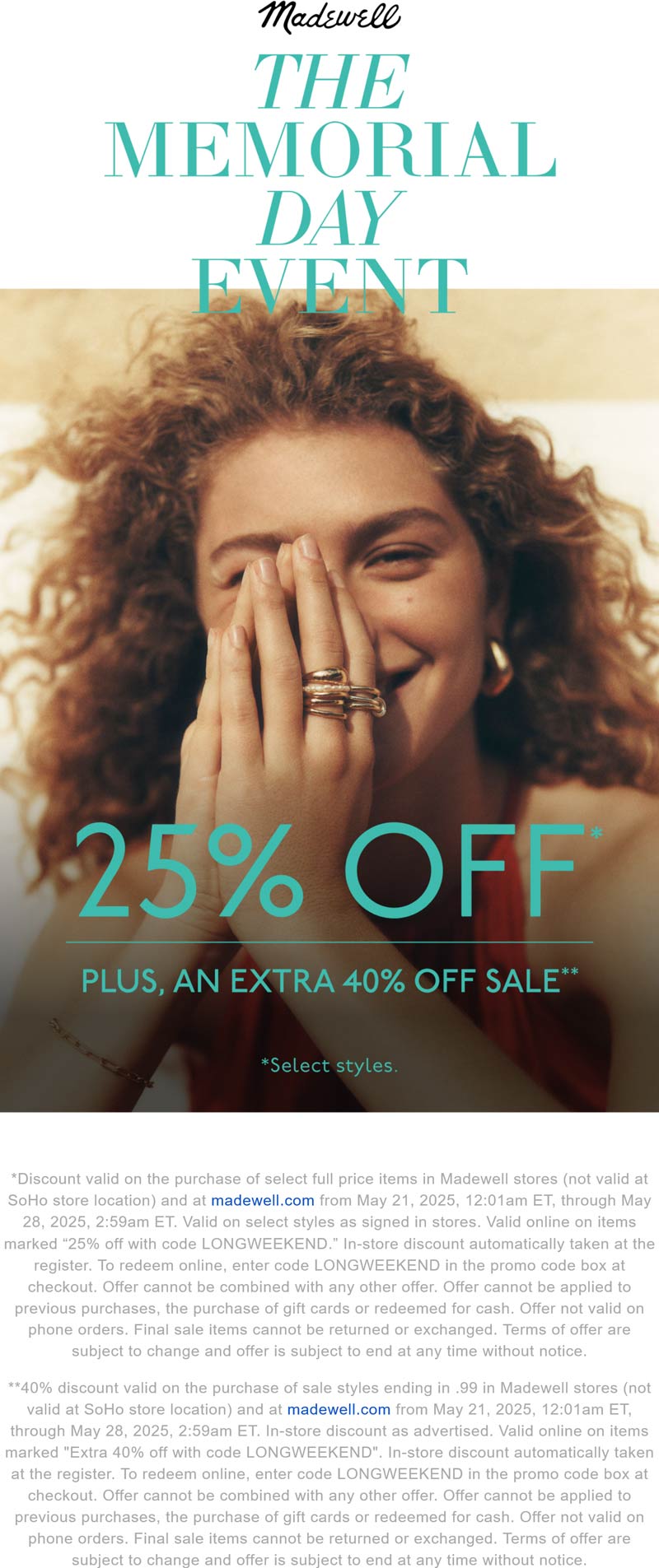 Madewell stores Coupon  Extra 40% off sale styles & more at Madewell, or online via promo code LONGWEEKEND #madewell 