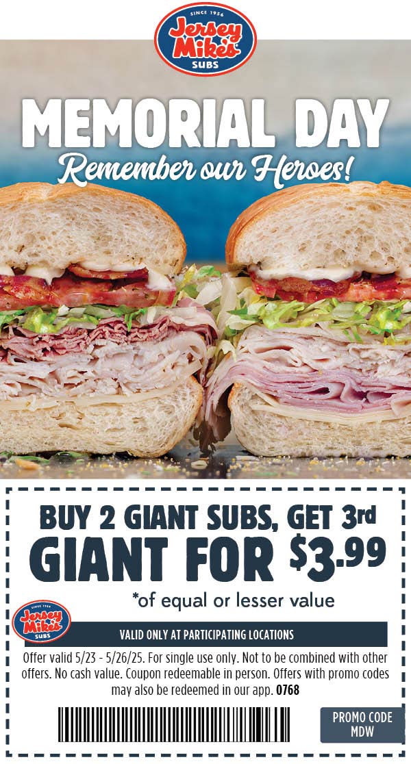 Jersey Mikes restaurants Coupon  3rd giant sub sandwich = $4 this weekend at Jersey Mikes #jerseymikes 