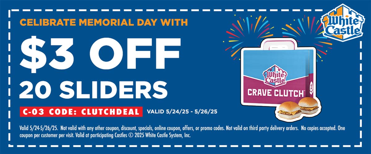 White Castle restaurants Coupon  $3 off 20 slider cheeseburgers at White Castle #whitecastle 