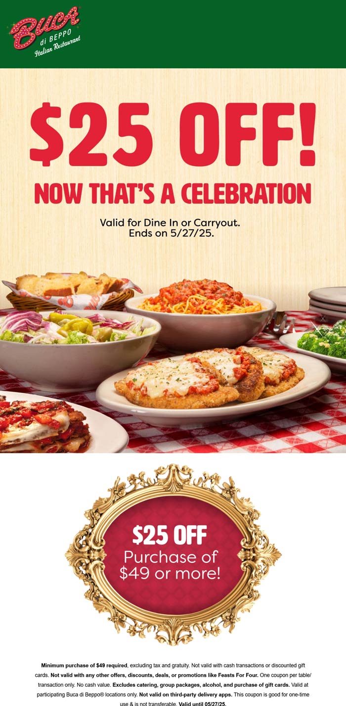 Buca di Beppo restaurants Coupon  $25 off $49 at Buca di Beppo restaurants #bucadibeppo 
