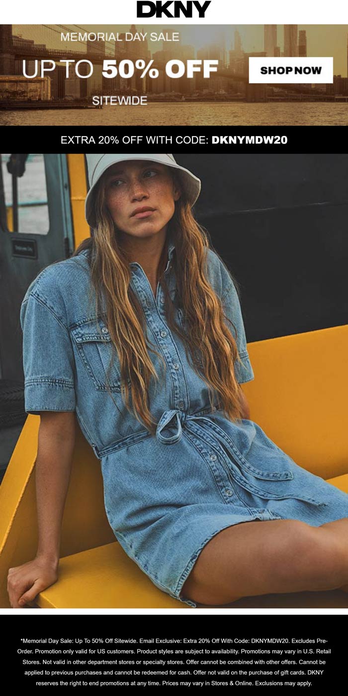 DKNY stores Coupon  20-50% off at DKNY via promo code DKNYMDW20 #dkny 