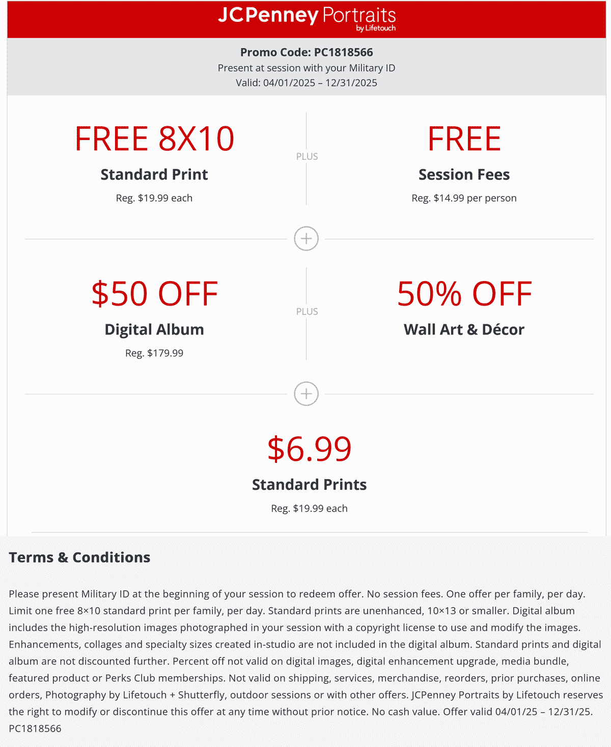 JCPenney stores Coupon  Free 8x10 & more with Military ID at JCPenney via promo code PC1818566 #jcpenney 