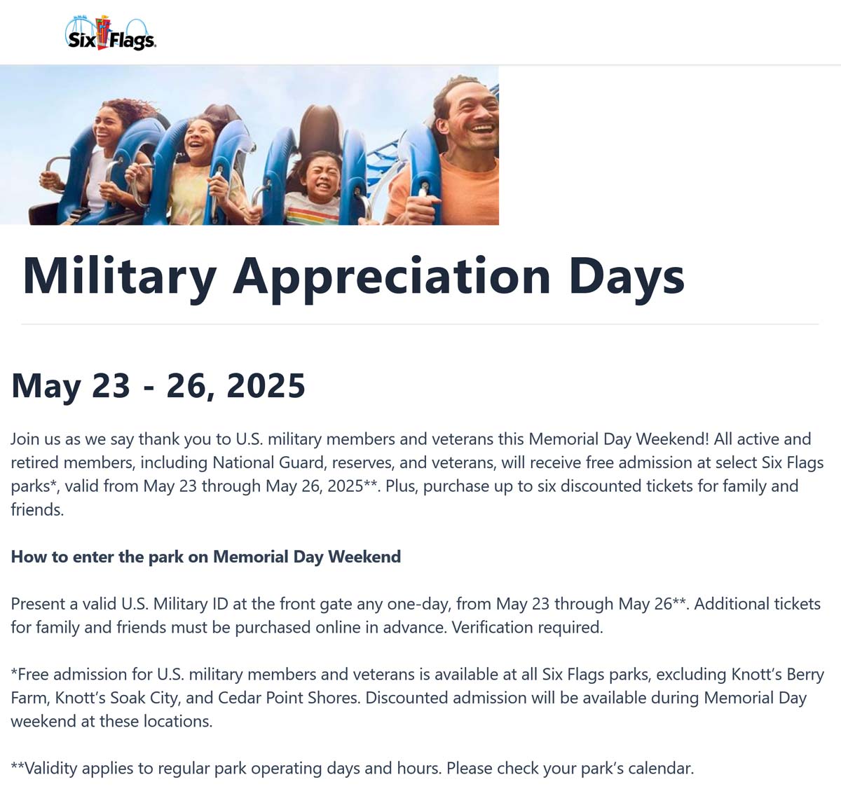 Six Flags stores Coupon  Free entry with military ID & 50% off six more tickets at Six Flags theme parks nationwide #sixflags 