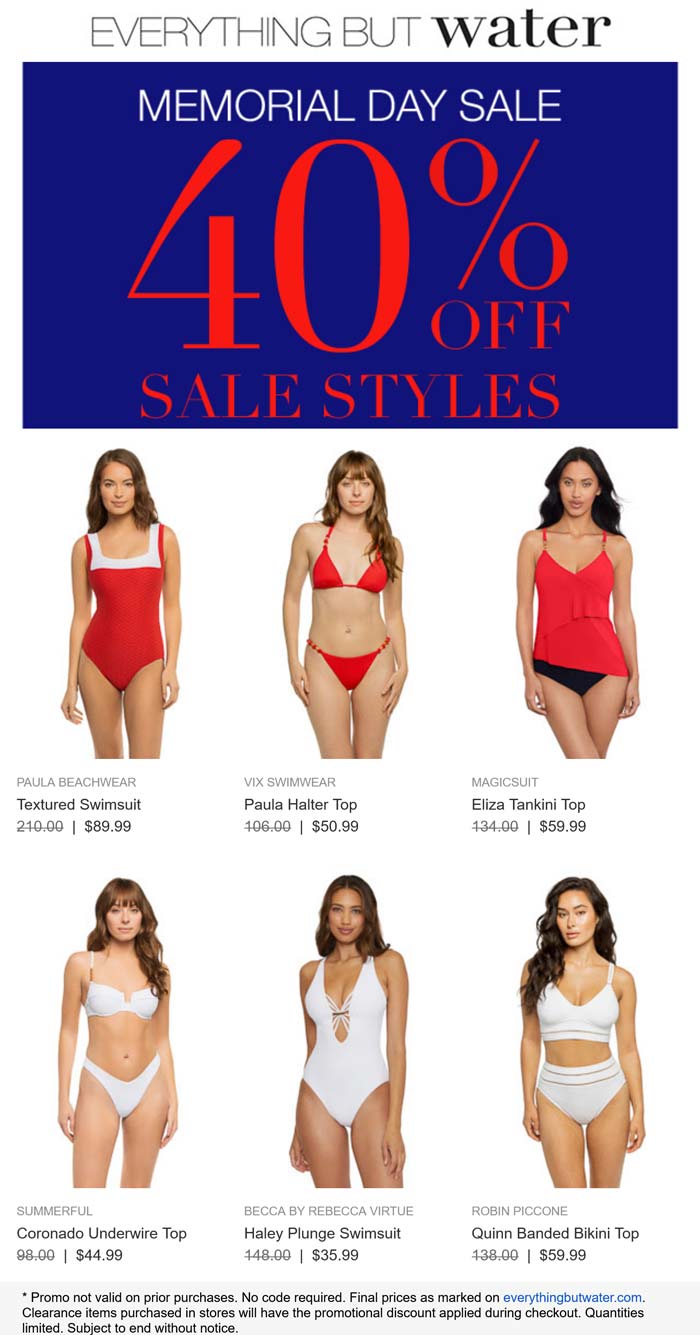 Everything But Water stores Coupon  Extra 40% off sale styles today at Everything But Water #everythingbutwater 