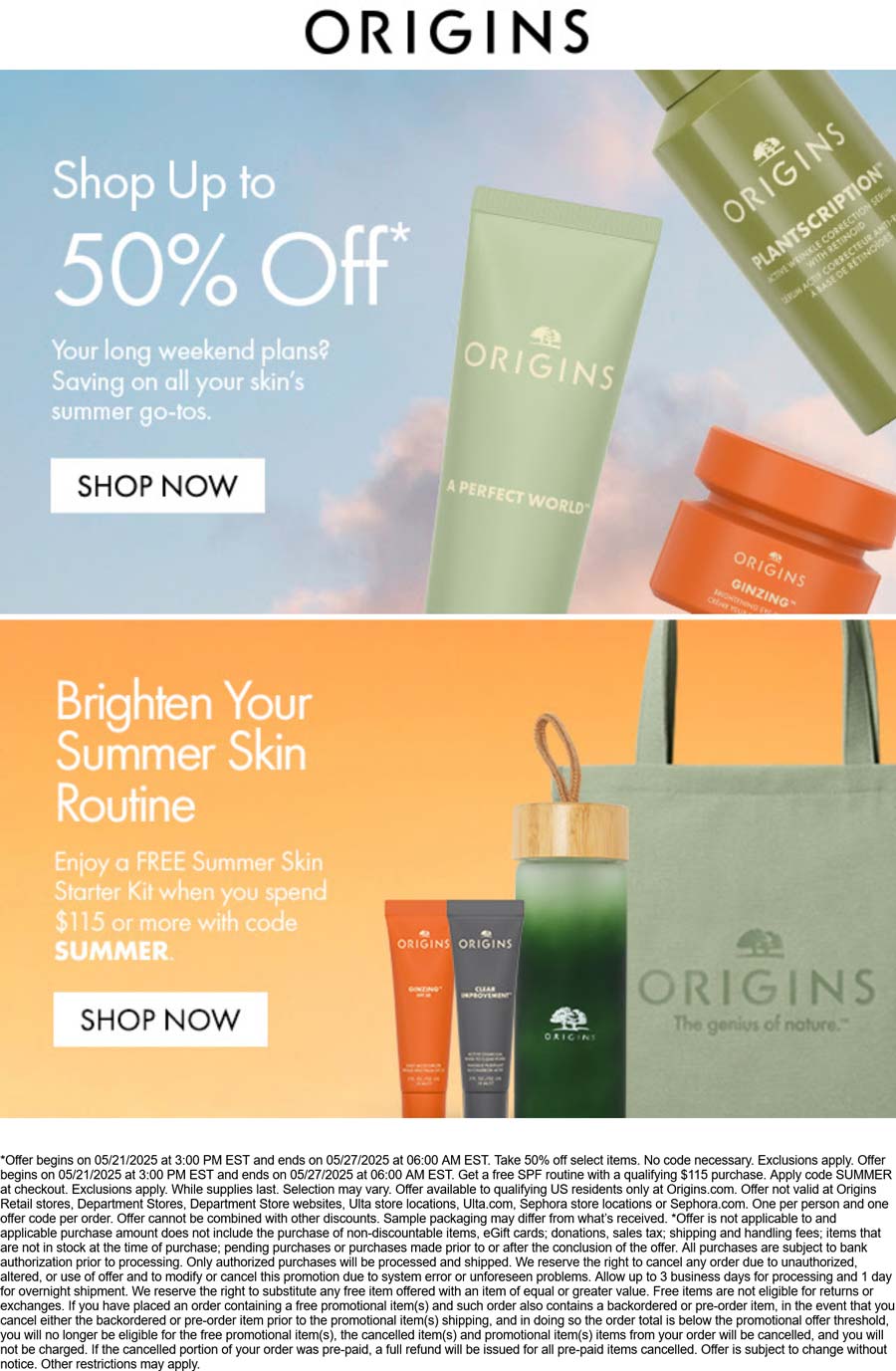 Origins stores Coupon  Free 4pc summer skin kit on $115 today at Origins via promo code SUMMER #origins 