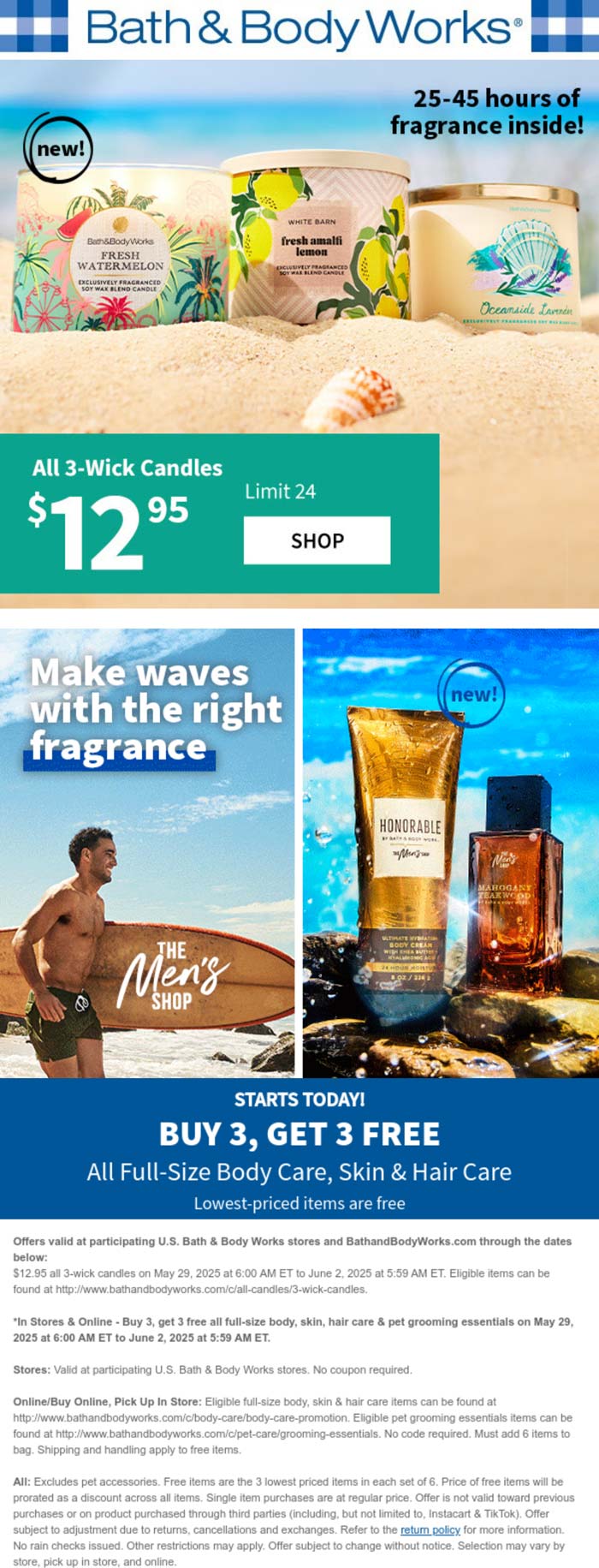 Bath & Body Works stores Coupon  $13 3-wicks + 6-for-3 on all body care at Bath & Body Works, dittoo nline #bathbodyworks 