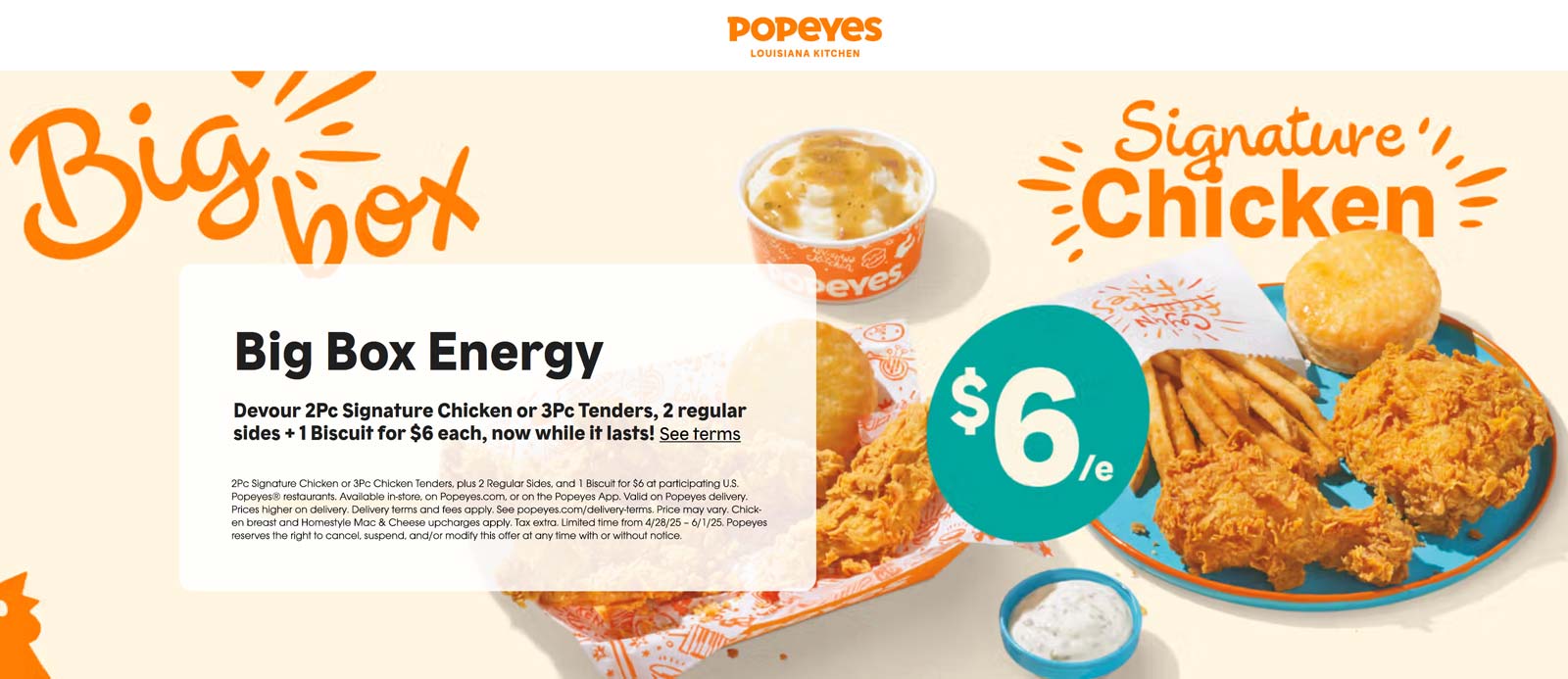 Popeyes restaurants Coupon  2pc chicken or 3pc tenders + 2 sides + biscuit = $6 at Popeyes #popeyes 
