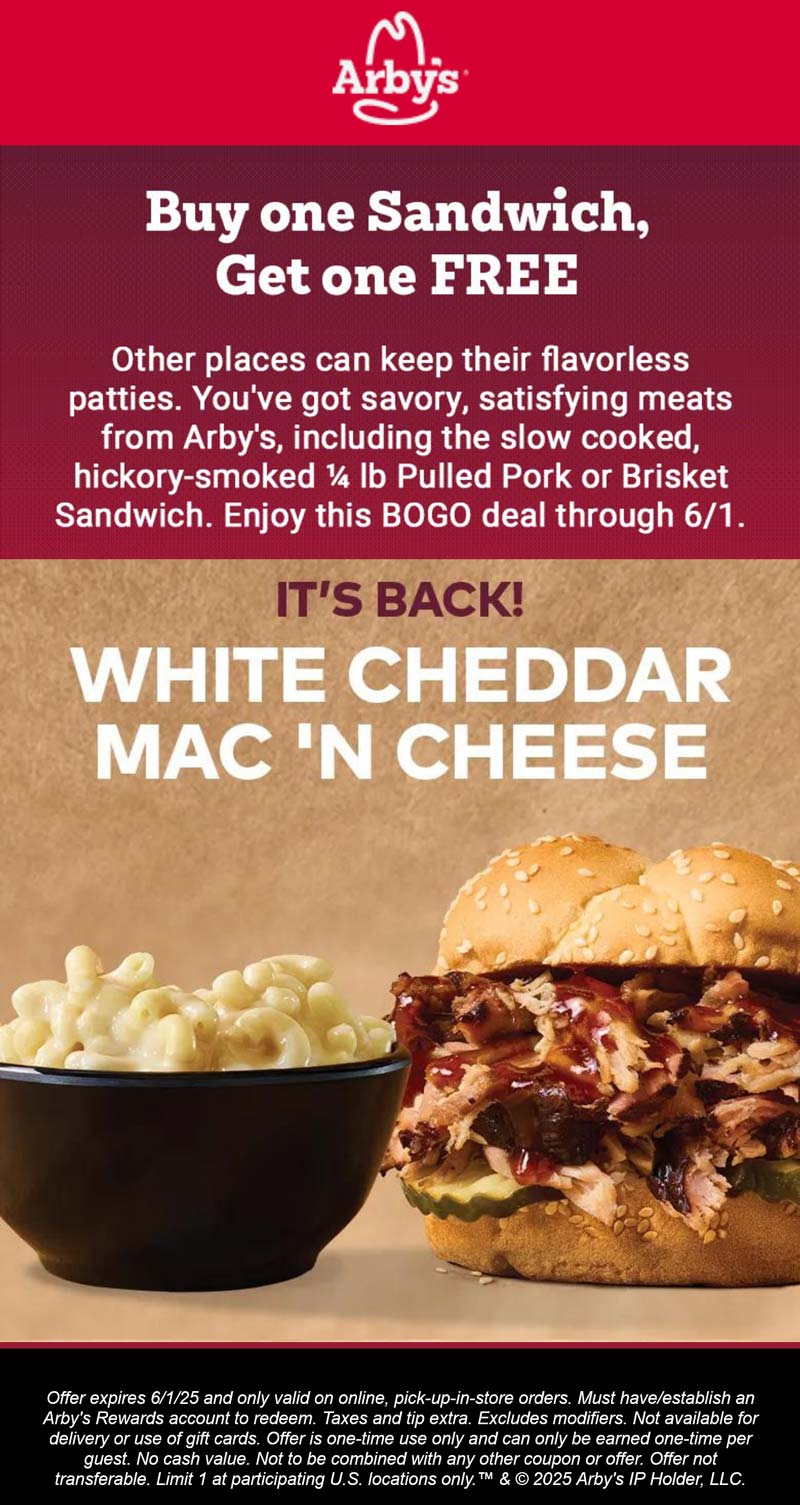 Arbys restaurants Coupon  Second sandwich free at Arbys #arbys 