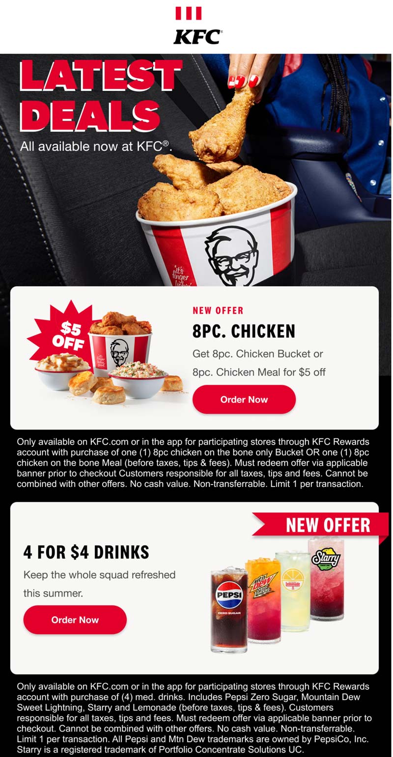 KFC restaurants Coupon  $5 off an 8pc chicken bucket or meal & more at KFC #kfc 