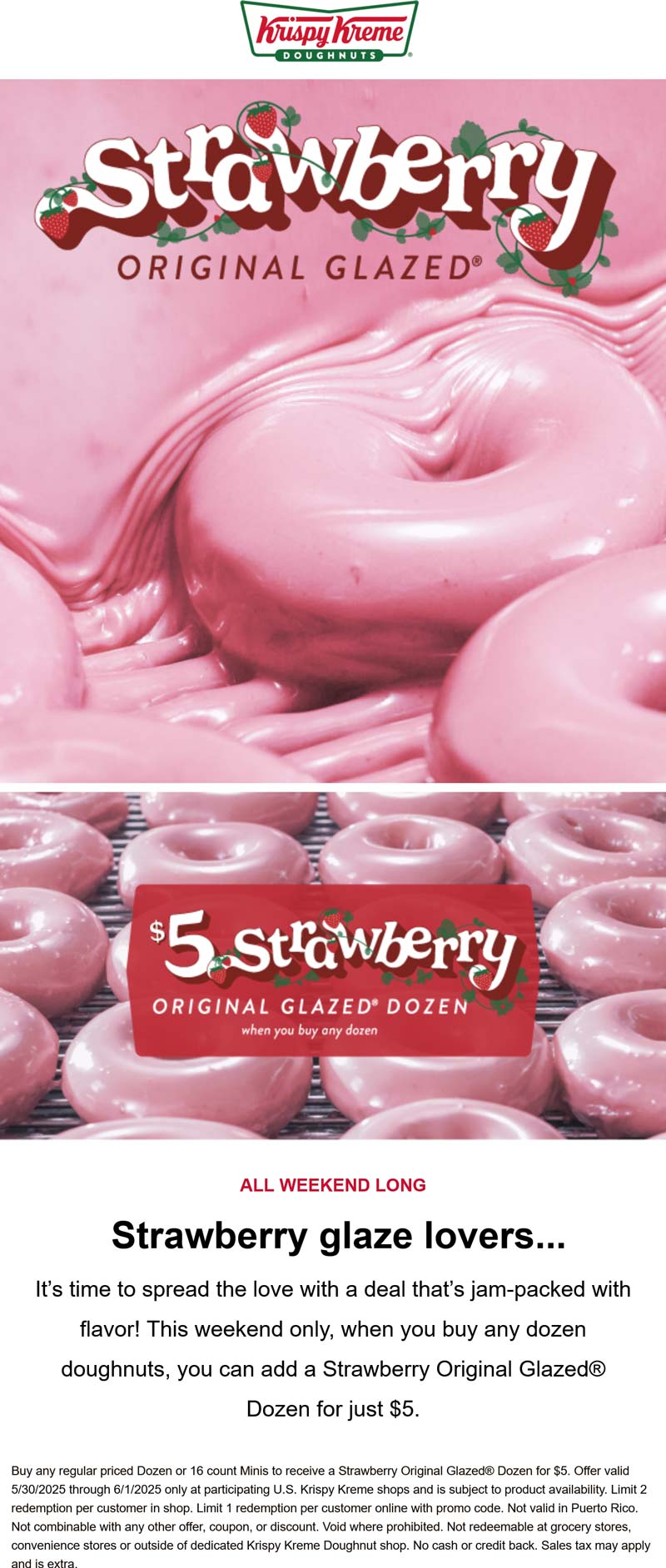 Krispy Kreme restaurants Coupon  Second dozen strawberry glazed = $5 at Krispy Kreme doughnuts #krispykreme 