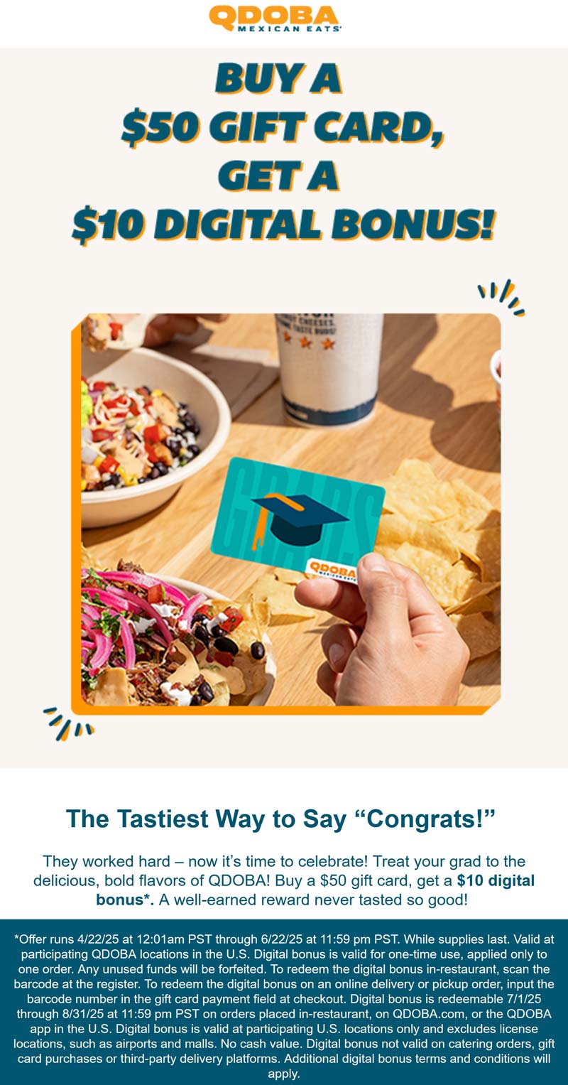 Qdoba restaurants Coupon  $10 card free with $50 card at Qdoba restaurants #qdoba 