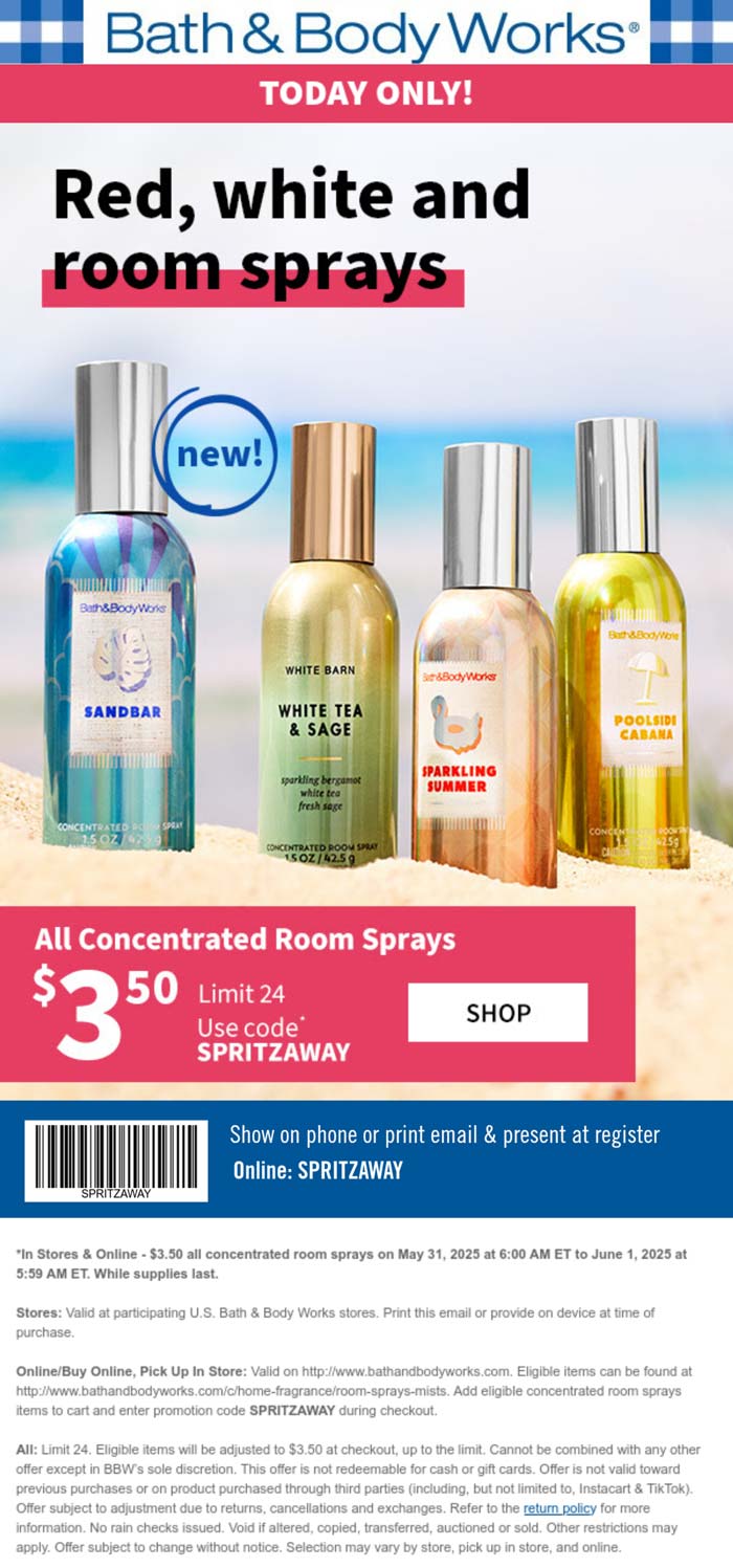 Bath & Body Works stores Coupon  $3.50 room sprays today at Bath & Body Works, or online via promo code SPRITZAWAY #bathbodyworks 