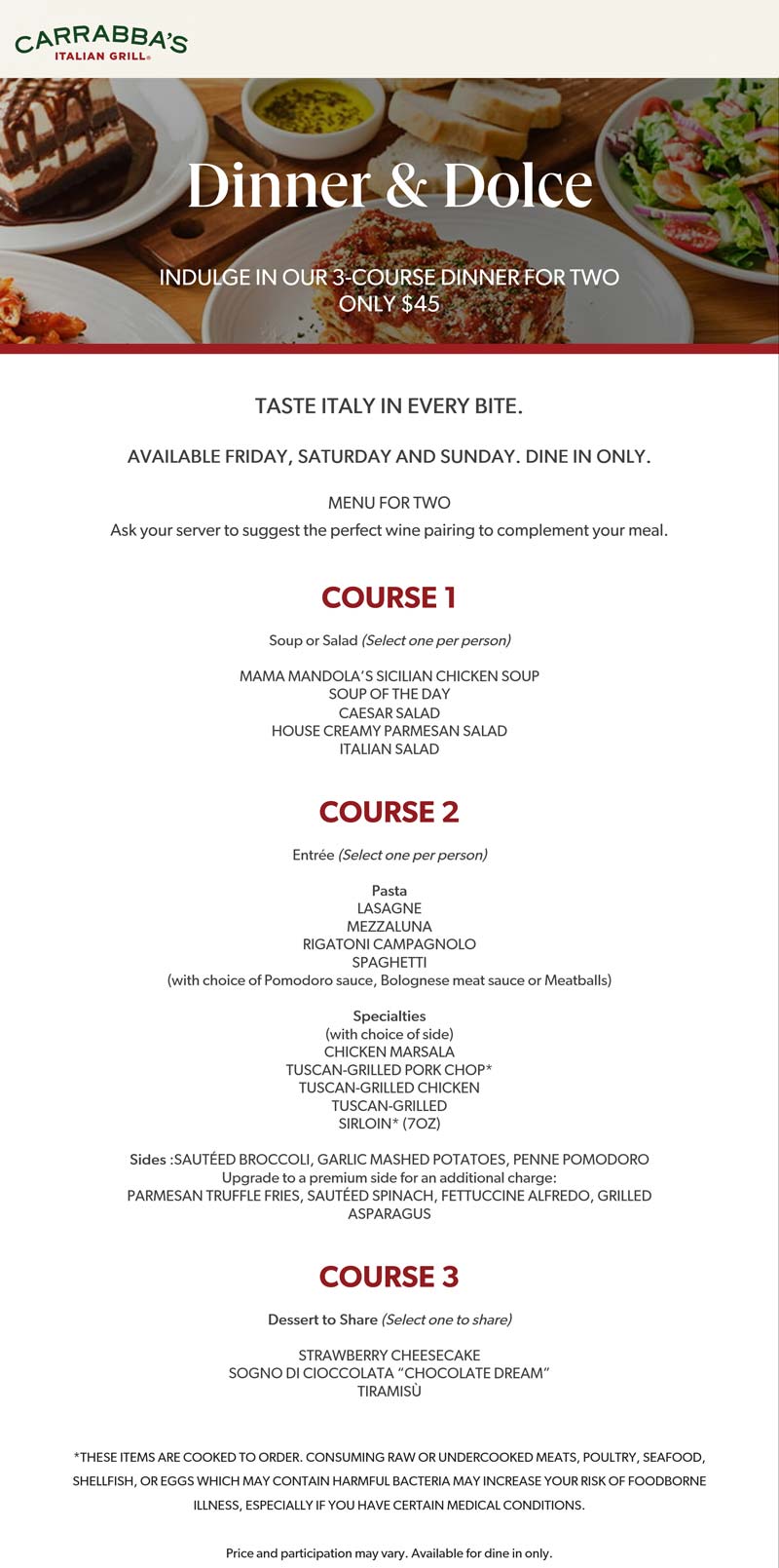 Carrabbas restaurants Coupon  3-course dinner for two = $45 at Carrabbas Italian Grill #carrabbas 