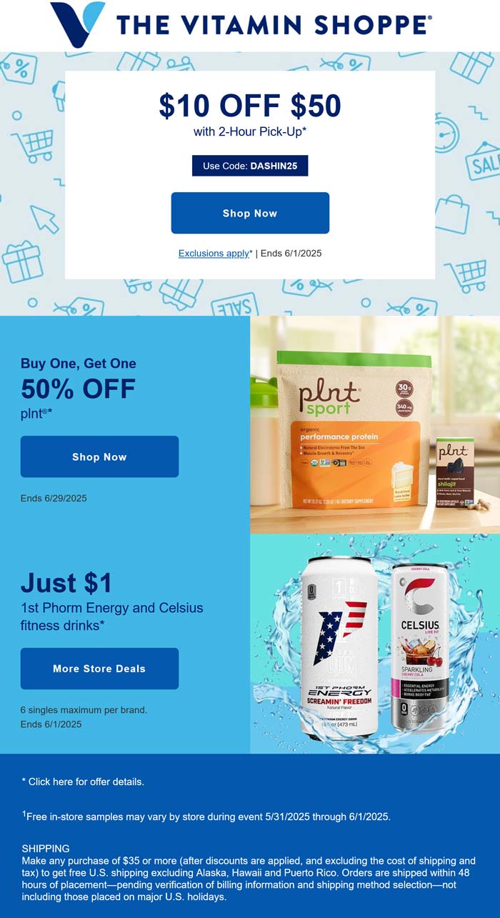 The Vitamin Shoppe stores Coupon  $10 off $50 online at The Vitamin Shoppe via promo code DASHIN25 #thevitaminshoppe 