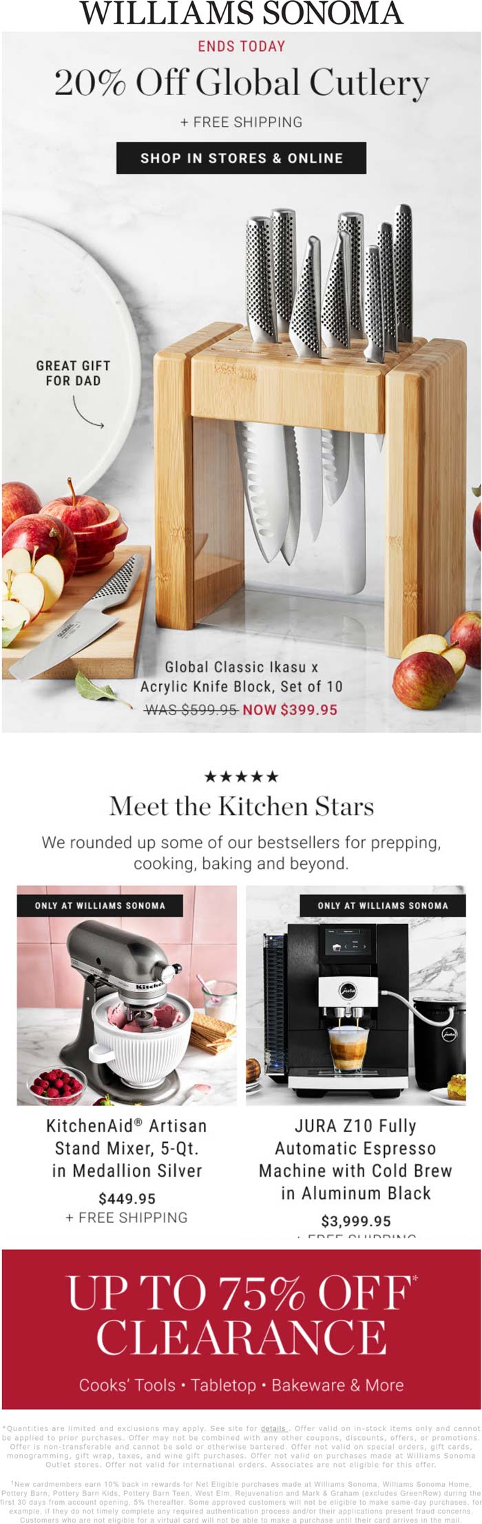 Williams Sonoma stores Coupon  20% off global cutlery today at Williams Sonoma, ditto online #williamssonoma 