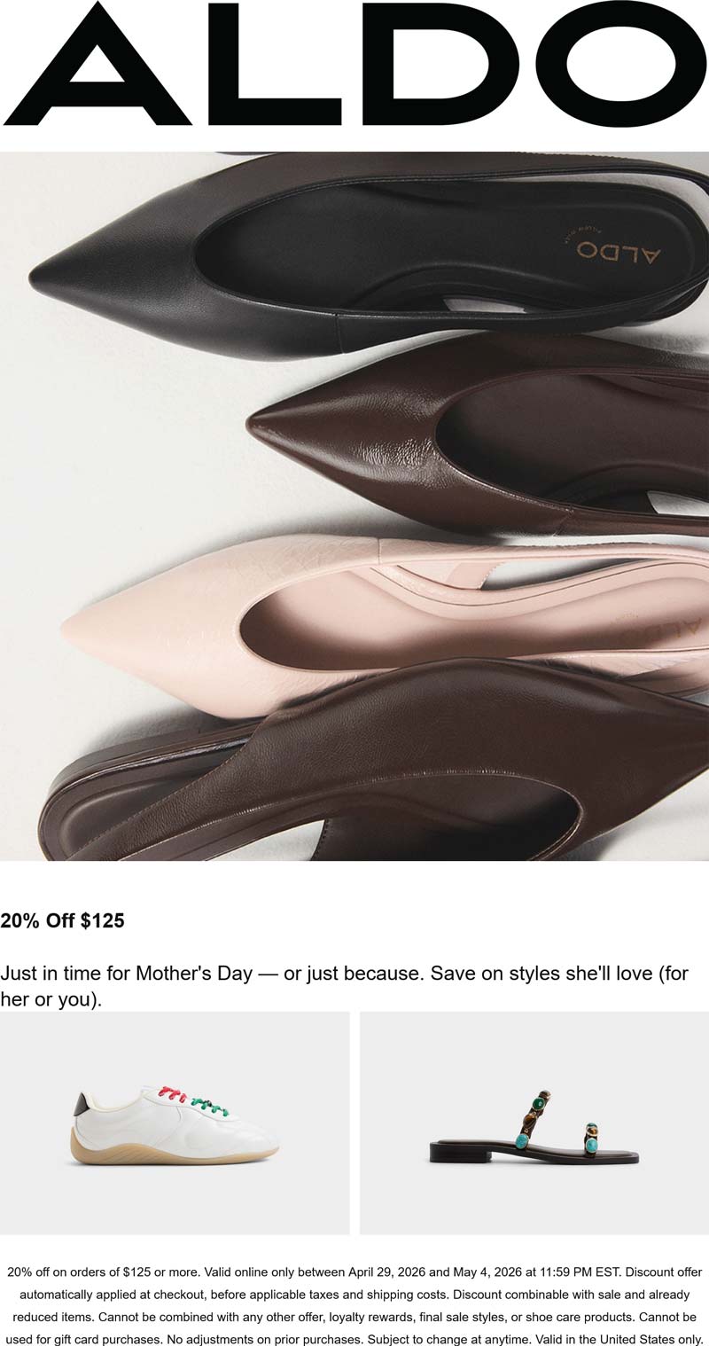 Aldo stores Coupon  20% off $125 at Aldo shoes #aldo 