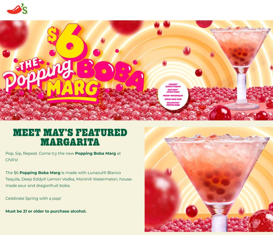 Chilis restaurants Coupon  $6 popping boba margarita all month at Chilis restaurants #chilis 