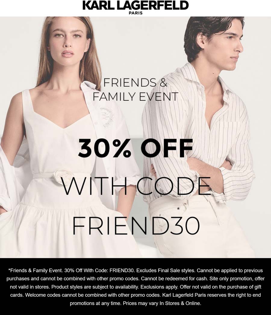 KARL LAGERFELD stores Coupon  30% off at KARL LAGERFELD via promo code FRIEND30 #karllagerfeld 